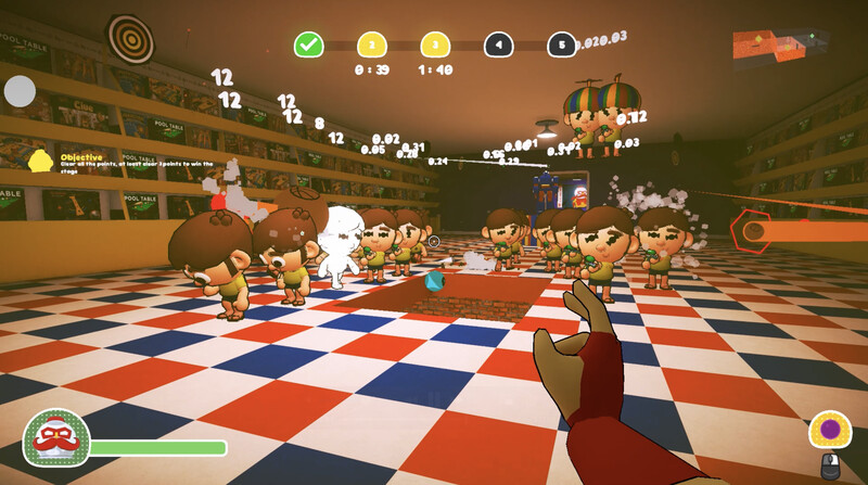 A crowd of enemies charges across a checkered floor in a toy store.