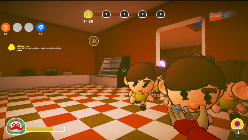 A wave of enemies closes in on an orange checkered floor beside a bakery counter.