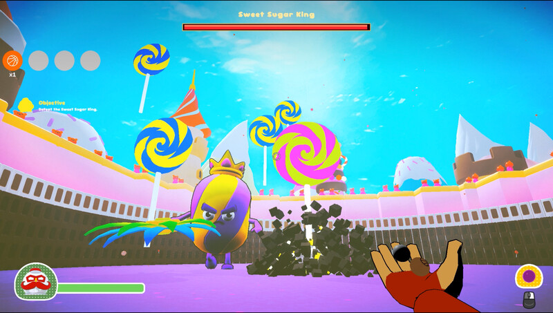 Fighting the Sweet Sugar King boss among giant lollipops in a candy arena.