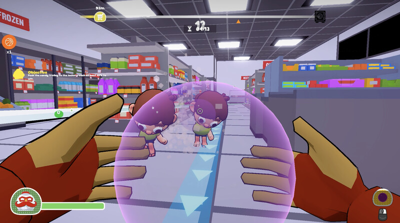 Holding a purple bubble shield in a supermarket aisle as enemies approach.
