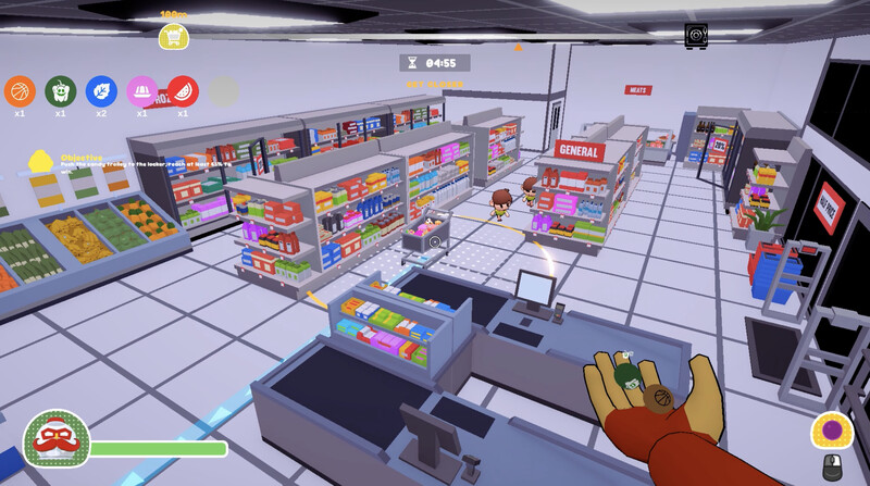 Looking over the checkout counters of a supermarket with an inventory of gumball types on screen.