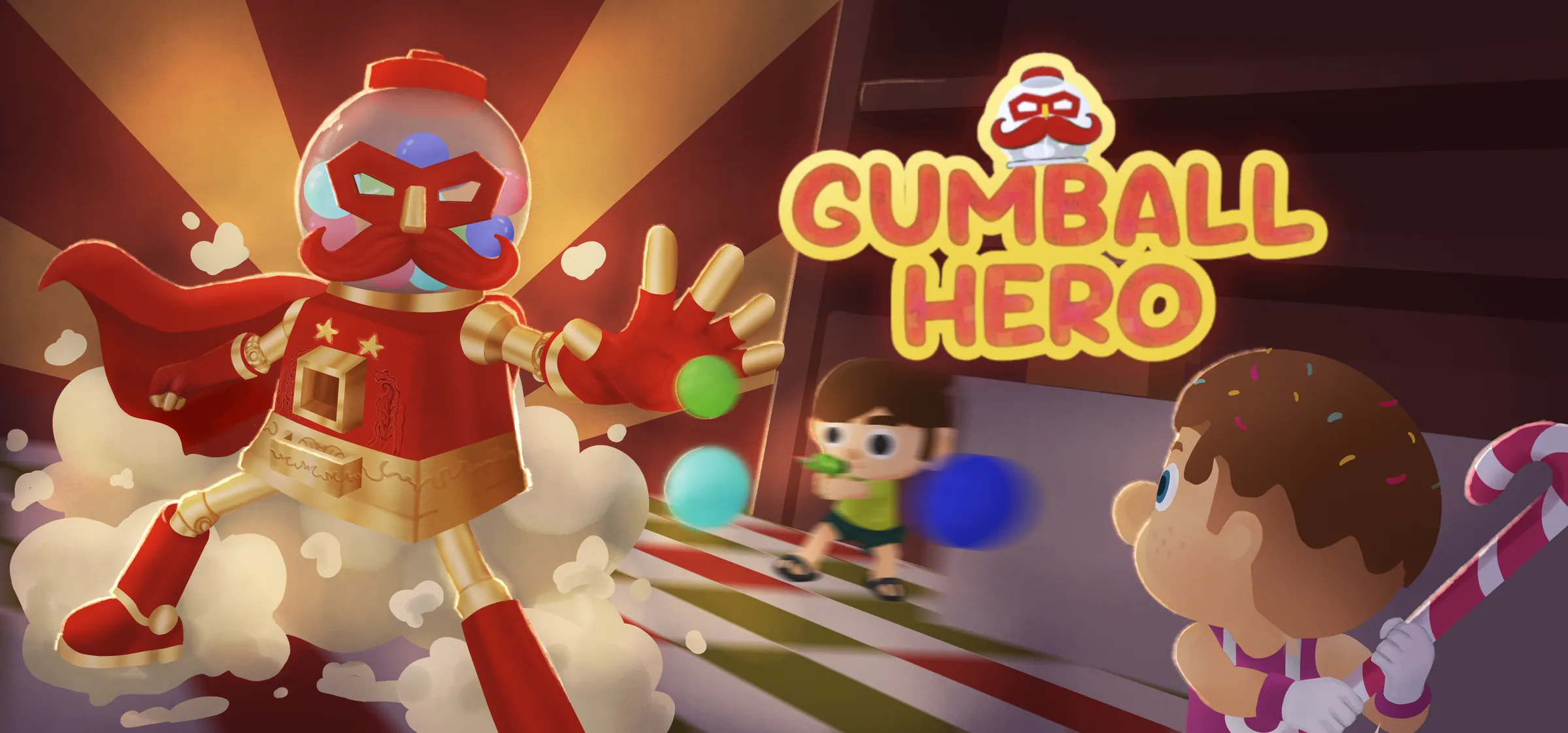 Gumball Hero key art: a caped gumball machine hero launches a gumball at two candy-themed kids in a mall.